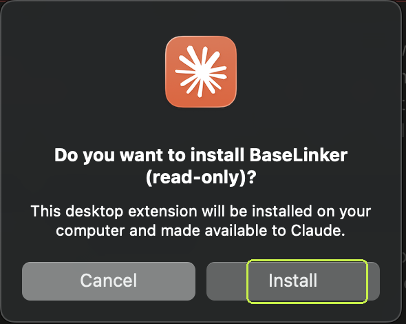 Okno potwierdzenia instalacji rozszerzenia BaseLinker w Claude