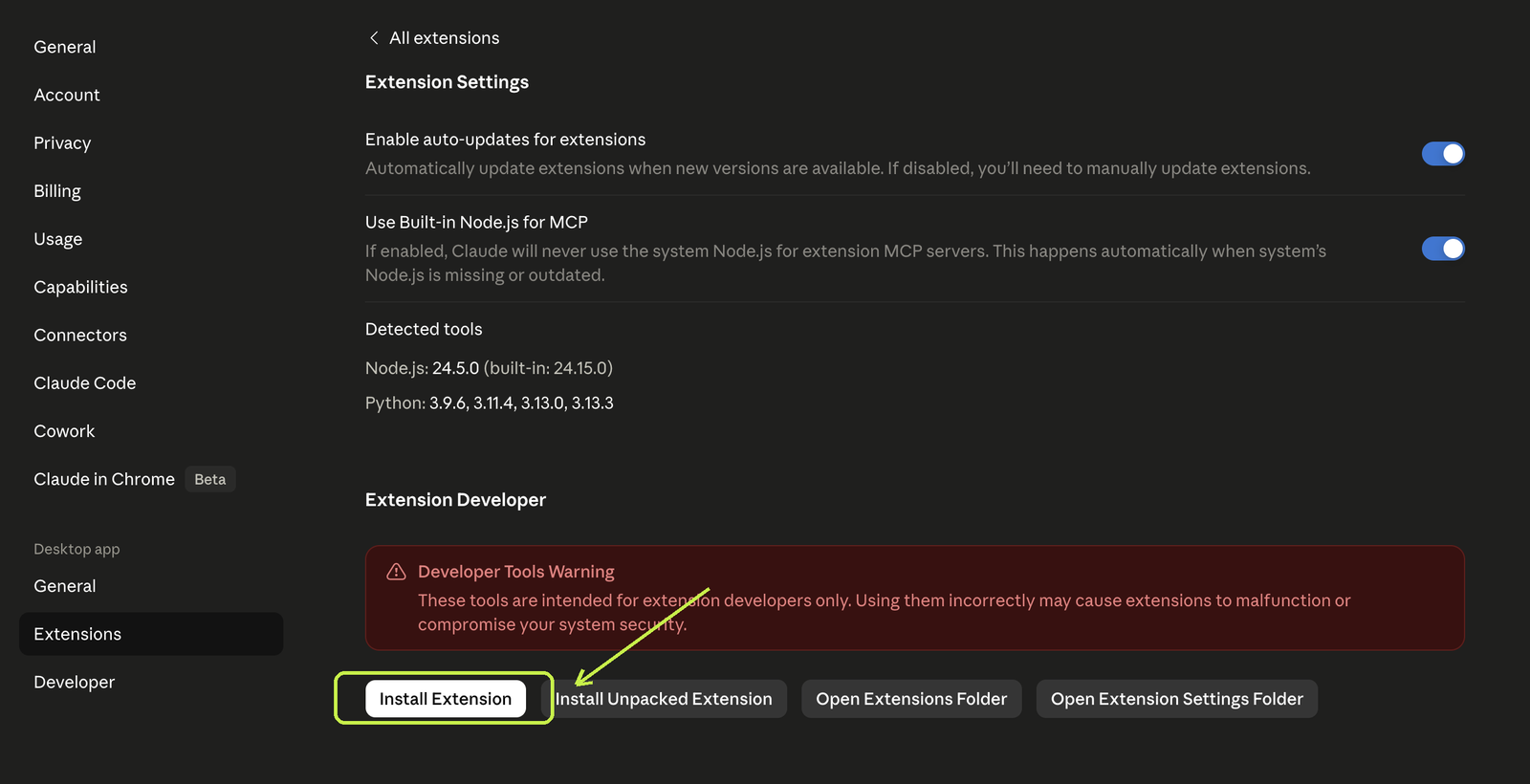 Claude Desktop, ekran Settings Extensions z przyciskiem Install Extension